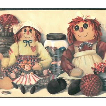 Dundee Deco Prepasted Wallpaper Border - Kids Beige, Blue, Brown Dolls on Shelf, 15 ft x 8.5 in