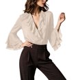 thumbnail image 4 of ClodeEU Women's V Neck Bell Long Sleeve Chiffon Top with Ruffle Hem,Casual Pullover Blouse ,Women's Plus M, 4 of 5