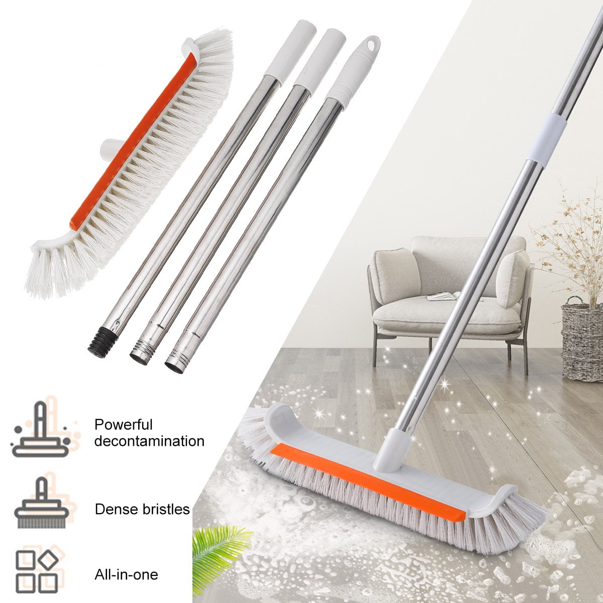 Floor Scrub Brush 47" Adjustable Long Handle Scrubber Shower Tub Scrubber Car Van Bus Window