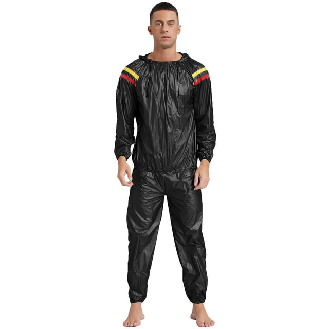 iiniim Men's Anti-Rip Sauna Suit Weight Loss Sweat Suit Training Gym Workout with Jacket Hood Type A Black S