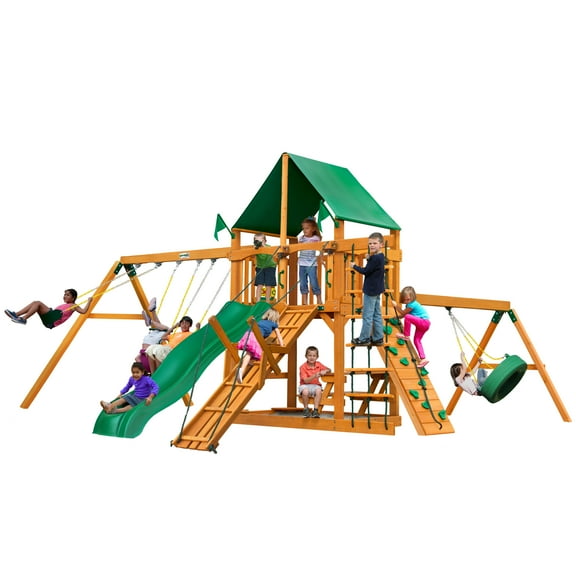 Gorilla Playsets Frontier Wooden Swing Set with Green Vinyl Canopy, Tire Swing, and Swing Set Accessories