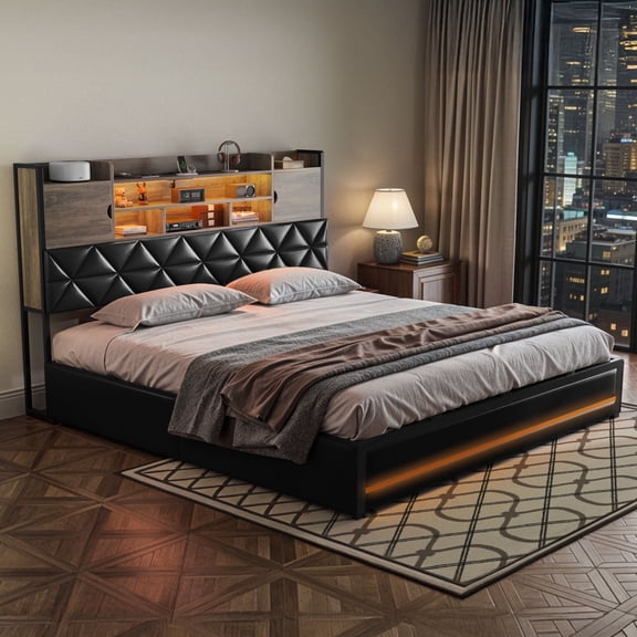 ModFusion King Size Bed Frame with RGB LED Lights & Storage Bookcase Headboard, Upholstered Bed with Charging Station and 4 Drawers, Easy Assembly, Black