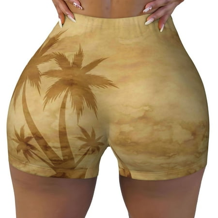 Workout Shorts Women  Retro Palm Tree Biker Shorts for Women Running Gym Spandex Shorts Tummy Control
