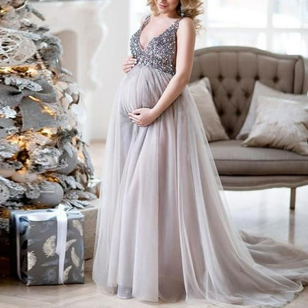 

Tangnade pregnant costumes for women maternity dress Sexy Women Pregnant Sling V Neck Sequin Cocktail Long Maxi Prom Gown Dress
