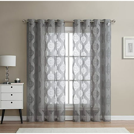 Ivory Damask Stripe - HLC.ME Adel Damask Burnout Window Sheer Voile Curtain Grommet Top Panels - Set of 2 Curtain Panels