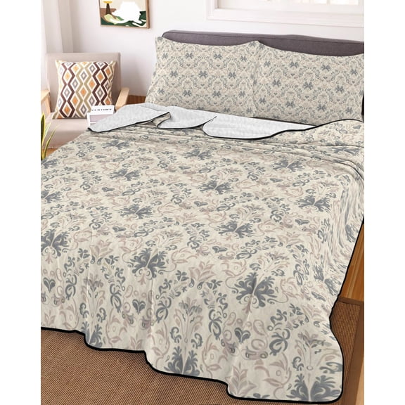Beige Grey Baroque Queen Size Down Alternative Comforter, Lightweight Comforter Quilt Bedding Set with Pillow Shams Abstract Art Floral Pattern All Seasons Bed Comforter Duvet Insert 90"x96"
