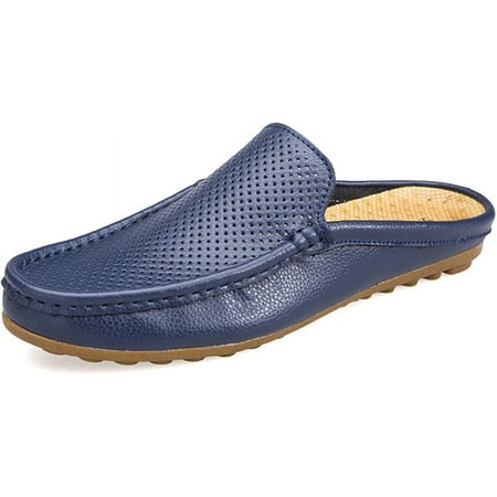 Men s Hollow Leather Slip On Mules Clog Slippers Casual Round Toe Backless Flat Loafers Dress Shoes for Walking Wedding