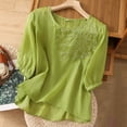 thumbnail image 2 of MIXUE Womens Summer Tops Solid Color Embroidery Round Neck Long Sleeve Retro Loose Tshirts Outwear,Green,XXXL, 2 of 9