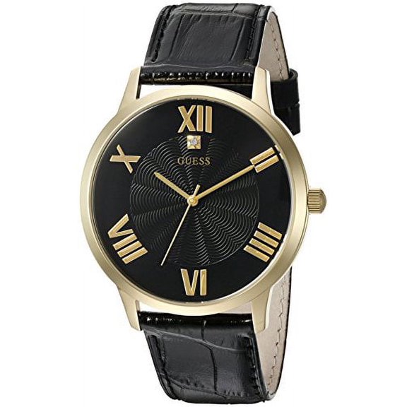 Guess Men's U0794G1 Dressy Gold-Tone Watch Plain Black Dial and Genuine Leather Strap Buckle