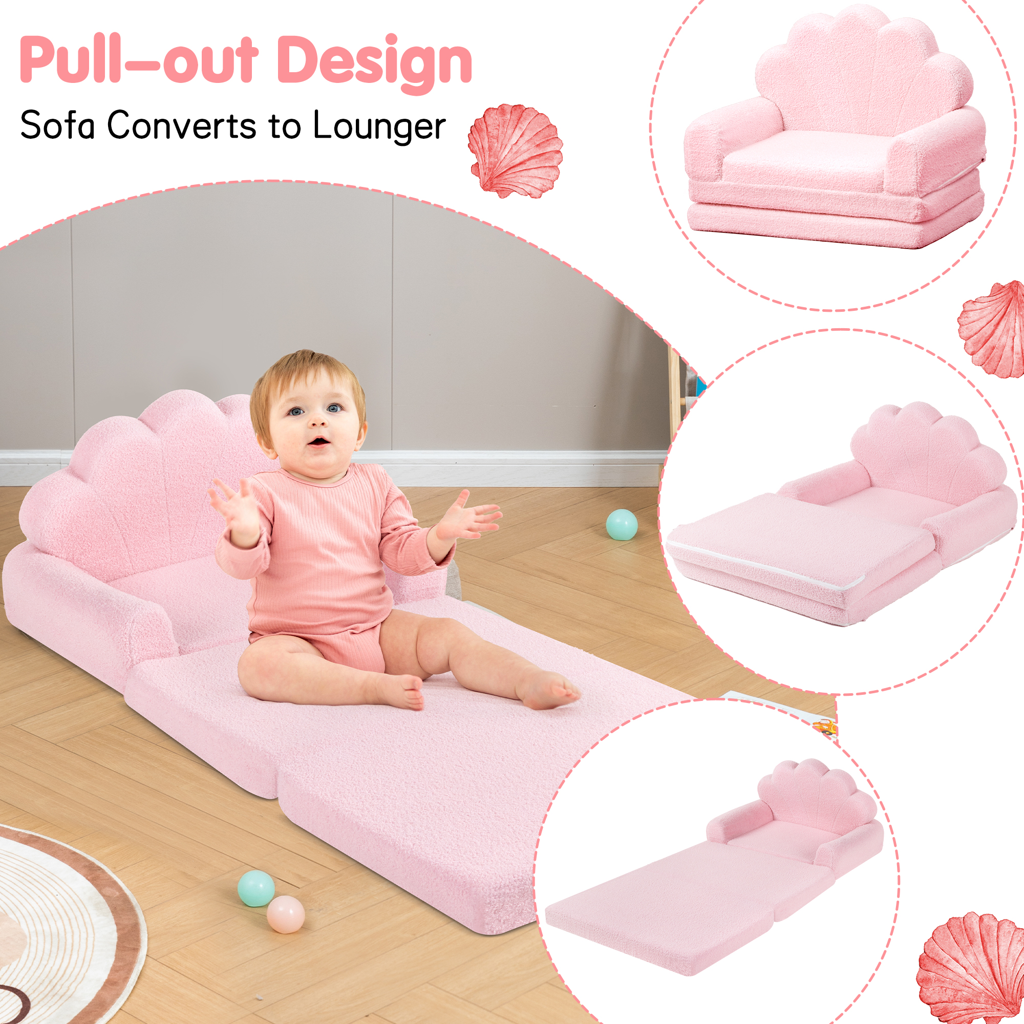 spanspace Kids Chairs for Toddler,Flip-Out 2-in-1 Convertible Chair to Lounger for Girls and Boys, Teddy Fleece Fabric, Pink