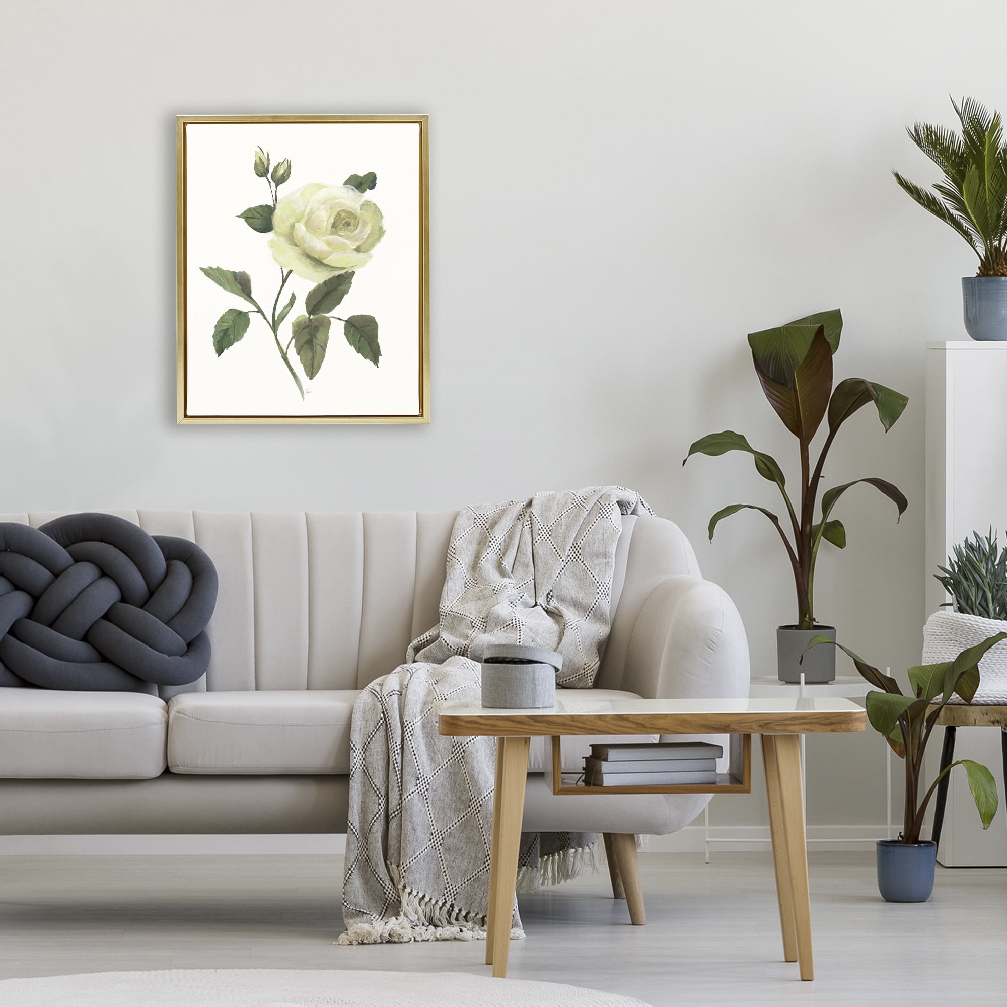 Stupell Industries Cream Garden Rose with Buds Gold Framed Floater Canvas Wall Art, design by Nan
