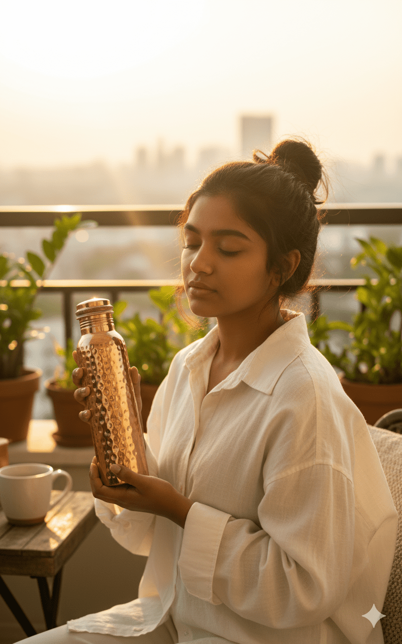 Hammered Copper Water Bottle 1 Liter – Pure Copper Ayurvedic Drinking Bottle for Health, Leak Proof, Handcrafted Design, Detox & Immunity Boost