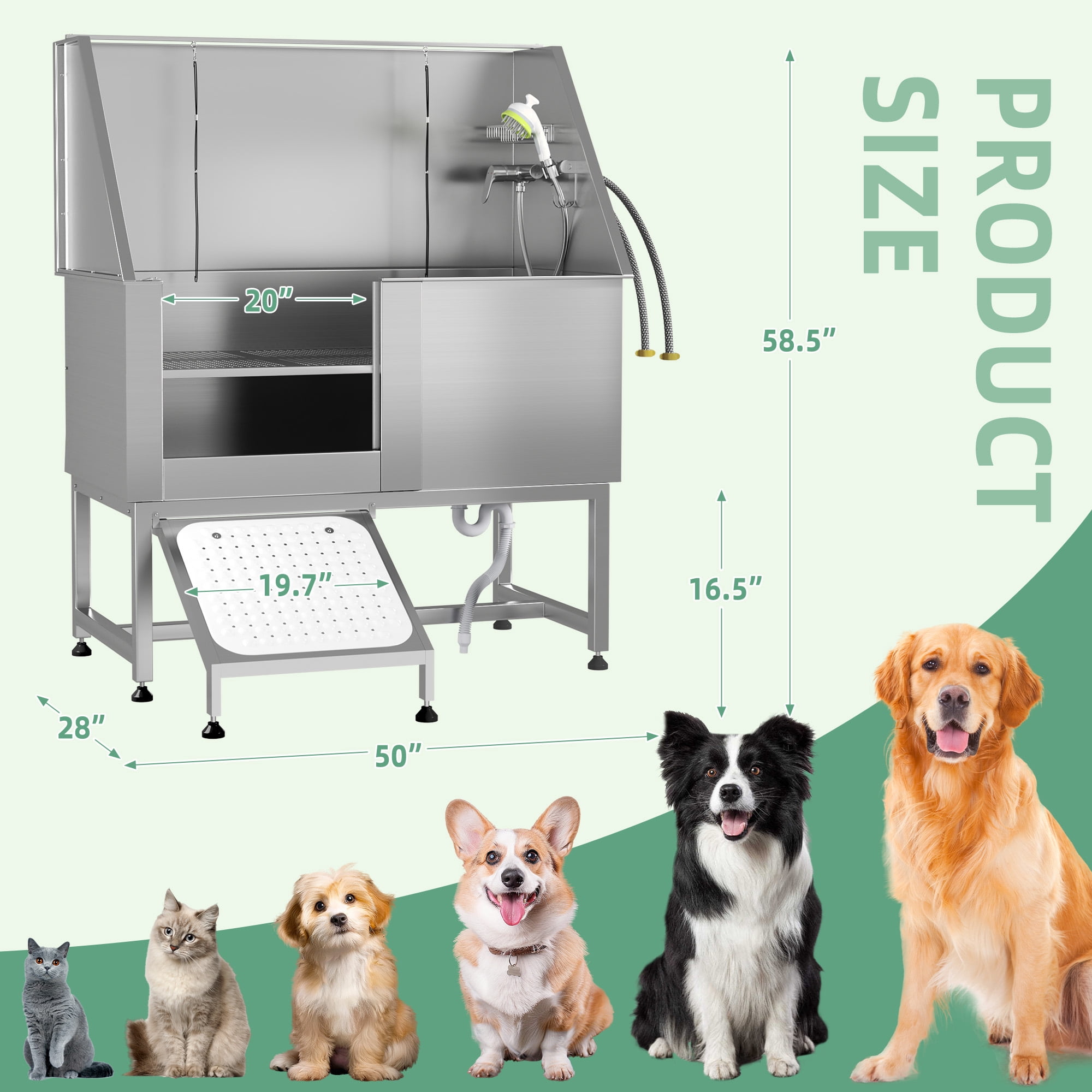 50" Dog Washing Station Professional Stainless Steel Dog Pet Grooming Bath Tub for Salon,Dog Bathtub with Ramp for Indoor Outdoor, Left Door