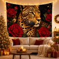 thumbnail image 3 of Spotted Big Cat with Red Roses Against a Black Background, Romantic Gothic for Wildlife Lovers, Feline Portrait Wall Art, Housewarming Gift, Tapestry Wall Hanging for Living Room and Bedroom, 3 of 7