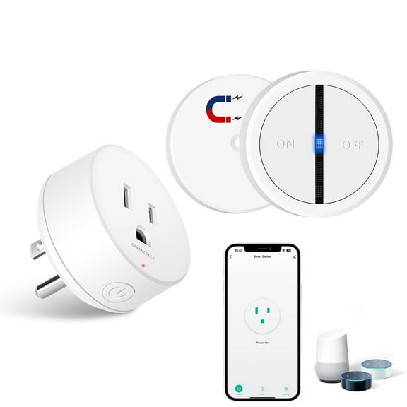WiFi Smart Outlet Plug with Remote,GREENCYCLE 1PK Portable Remote Control Outlet Plug With 1PK Magnetic Base Remote,Compatible with Tuya/Smart Life Alexa and Google Home,15A/1500W,TUV FCC List(2.4G)