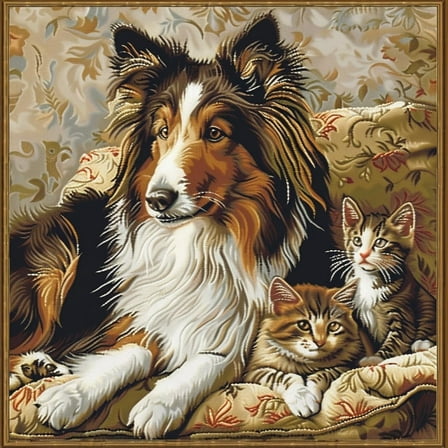Cute Collie Dog and Cats DIY 11CT Stamped Cross Stitch Kits for Beginners Easy Needlepoint Embroidery Counted Cross Stitch Art Craft for Wall Decoration 14x14inch(3)
