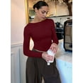 thumbnail image 2 of Womens Crewneck Long Sleeve Shirt Double Lined Basic Tees Side Ruched Going Out Crop Tops Wine Red M, 2 of 7