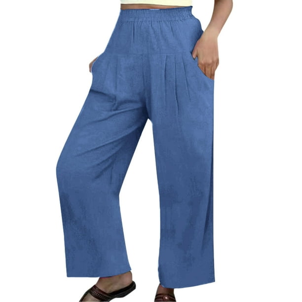 Flowy Pants for Women Casual Solid Elastic Waist Comfy with Pockets