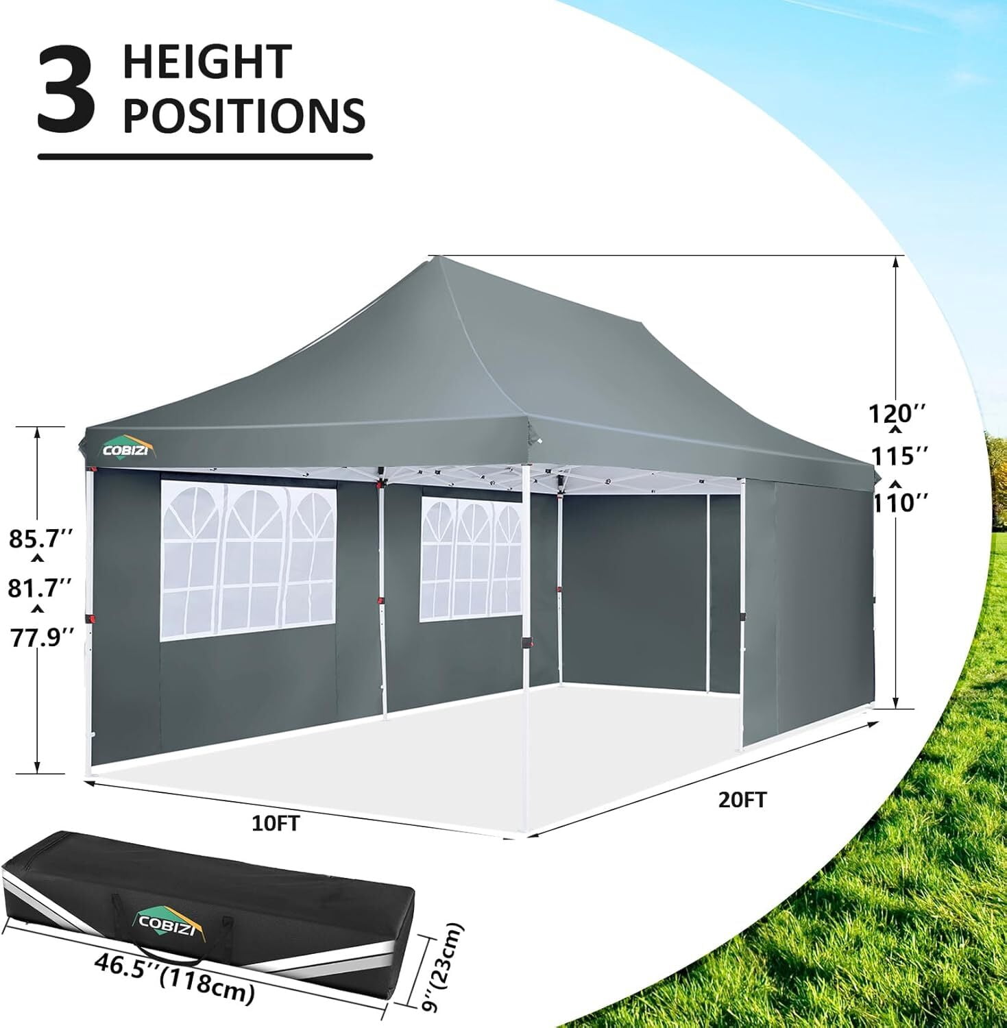 SANOPY 10'x20' Ez Pop up Canopy Party Tent with 6 Sidewalls, Waterproof and Sun Shelter Heavy Duty Canopy for Market with Carry Bag, Gray