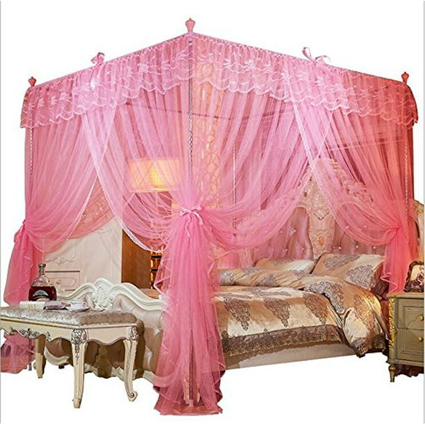 Mengersi 4 Corners Post Canopy Bed Curtain For Girls Adults Cute Cozy Bow Netting 4 Opening Princess Bedroom Decoration Twin Pink Walmart Com Walmart Com