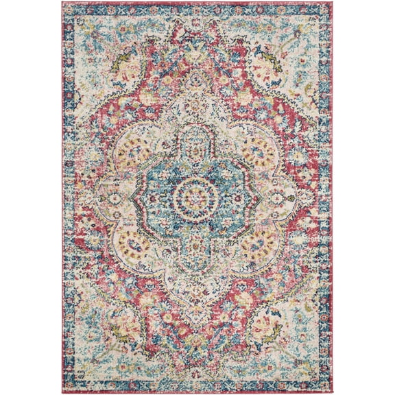 BoutiqueRugs Tarbolton Oriental Medallion Area Rug - Farmhouse Traditional Floral Carpet for Living Room - Dark Pink, Navy, Sky Blue - 2' x 2'11"