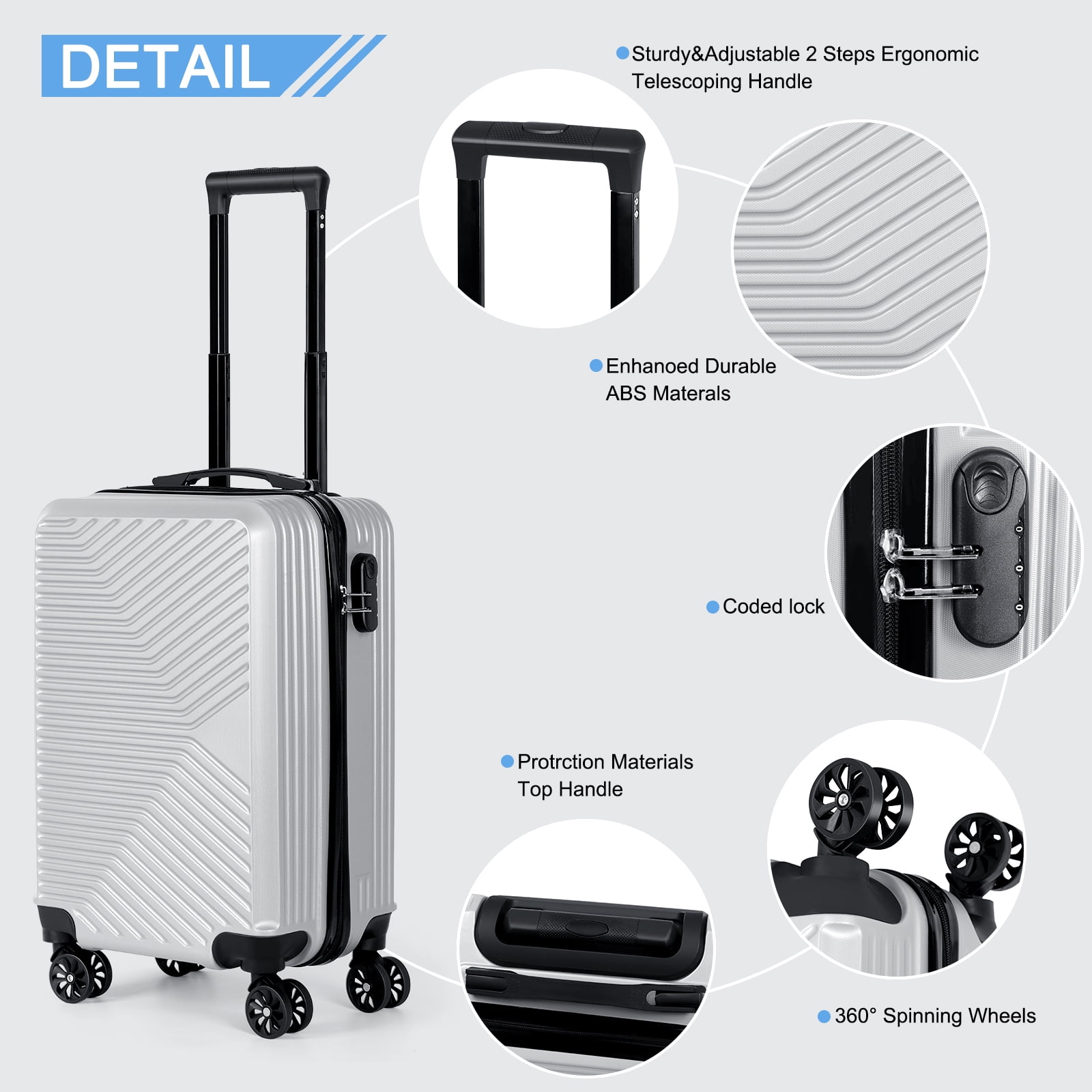 Carry On Luggage, 20" Hardside Suitcase ABS Spinner Luggage with Lock - Crossroad in Silver