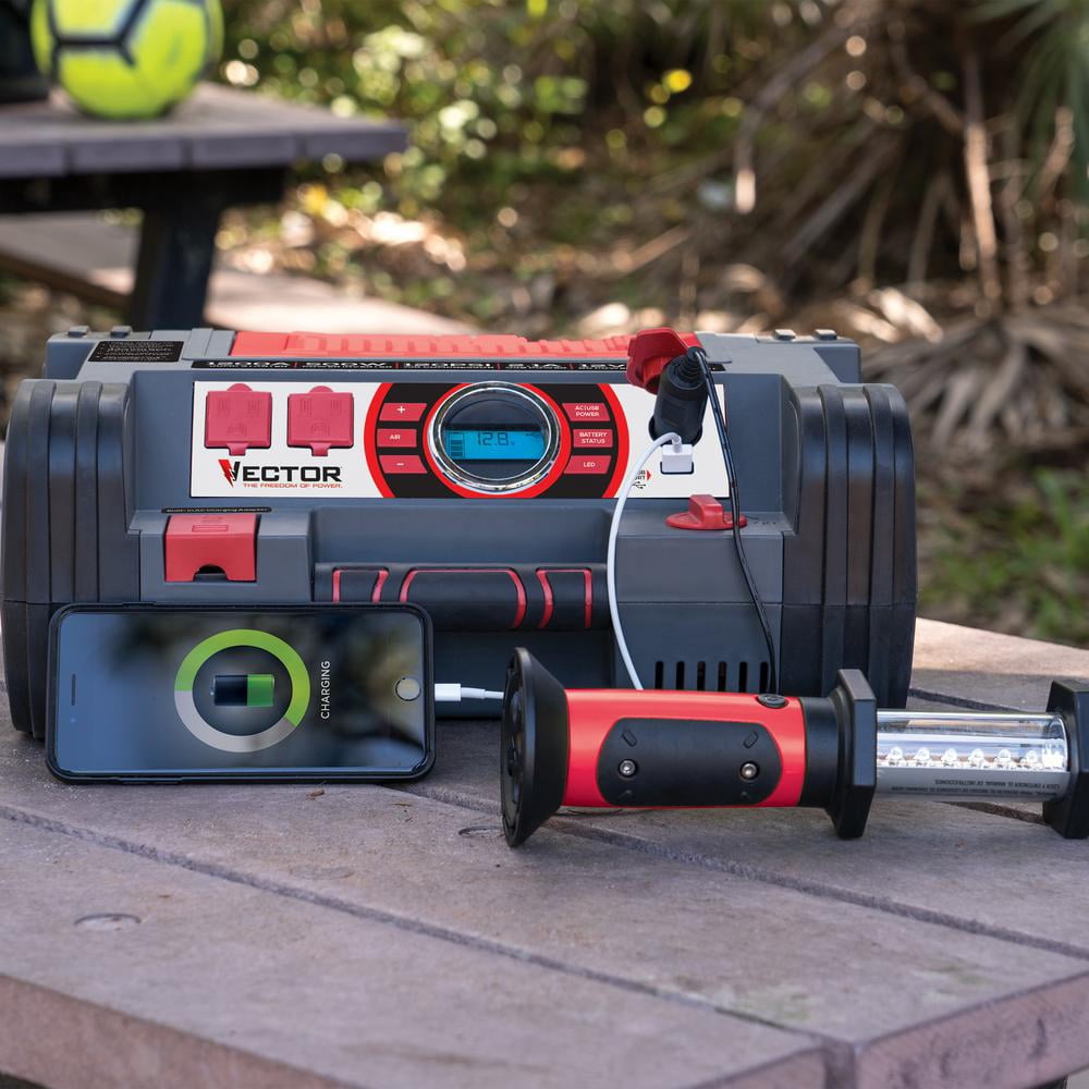 Vector 1200 Peak Amp Automotive Jump Starter, Portable Power - 10W USB Port, 500W Inverter, 120 PSI Air Compressor