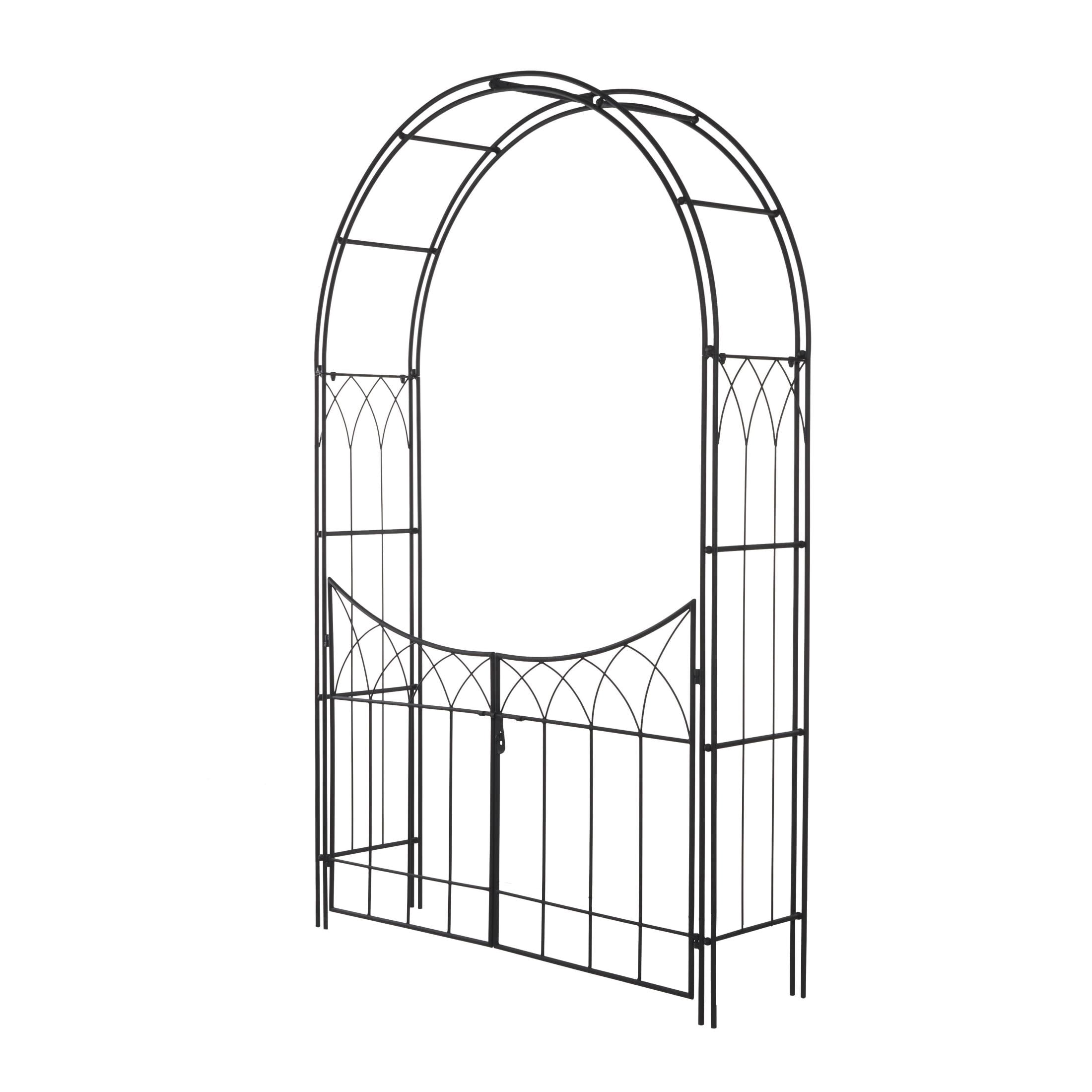 DecMode 86" Indoor Outdoor Arched Gate Black Metal Garden Arbor with Lattice Work Sides