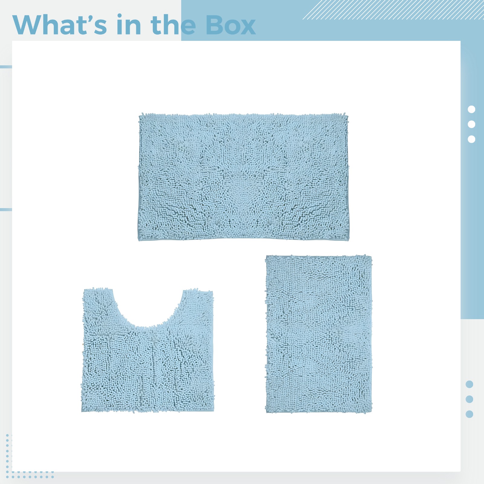 Chenille Bath Rug Set, 3 Piece Ultra Soft & Non Slip Bathroom Mats, Quick Dry Toilet U-Shaped Mat with High Absorbency, Sky Blue