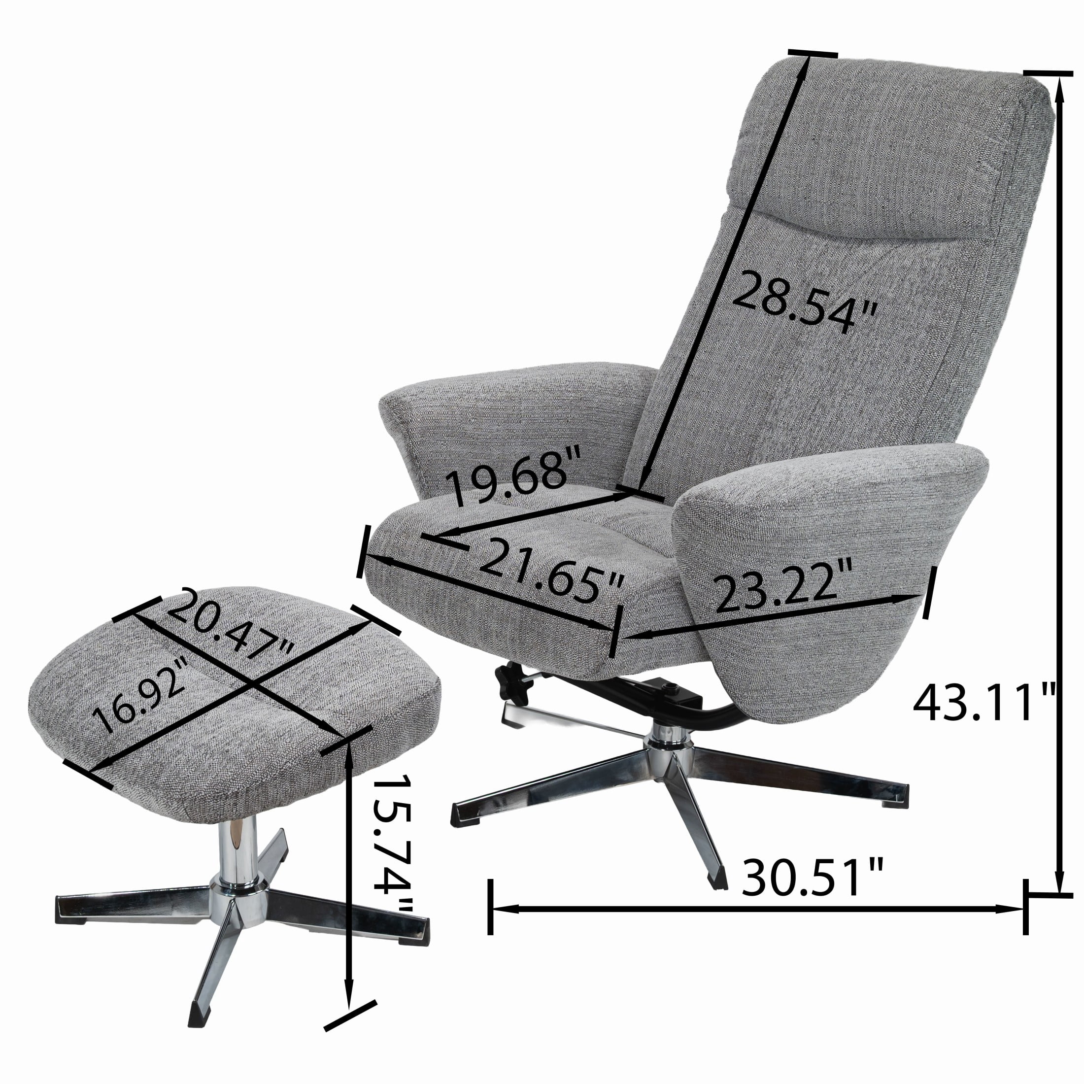 Noble House Modern Swivel Chenille Recliner with Ottoman, Ergonomic Manual Upholstered Lounge Chair, Light Gray