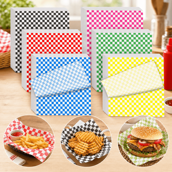 240-Pack Wax Paper Sheets for Food – 12 x 12 Inch Checkered Deli Wrapping Paper, Grease-Resistant Sandwich and Burger Liners, 6-Color Variety Pack for Parties, Picnics, and Outdoor Events