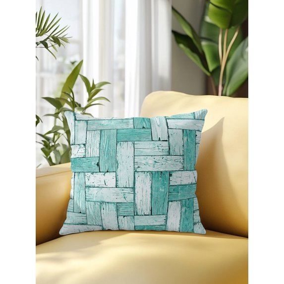 Outdoor Pillows Waterproof, Teal Green Wood Grain Bedding Throw Pillows with Insert for Couch Sofa Bed, Farmhouse Vintage Shabby Geometric 18x18 Inch Pillowcases Decorative Patio Pillow Set of 1