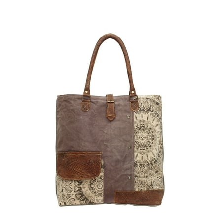 Medallion Getaway Bag - Boho Flower Medallion Upcycled Canvas and Genuine Leather Trim Tote Bag