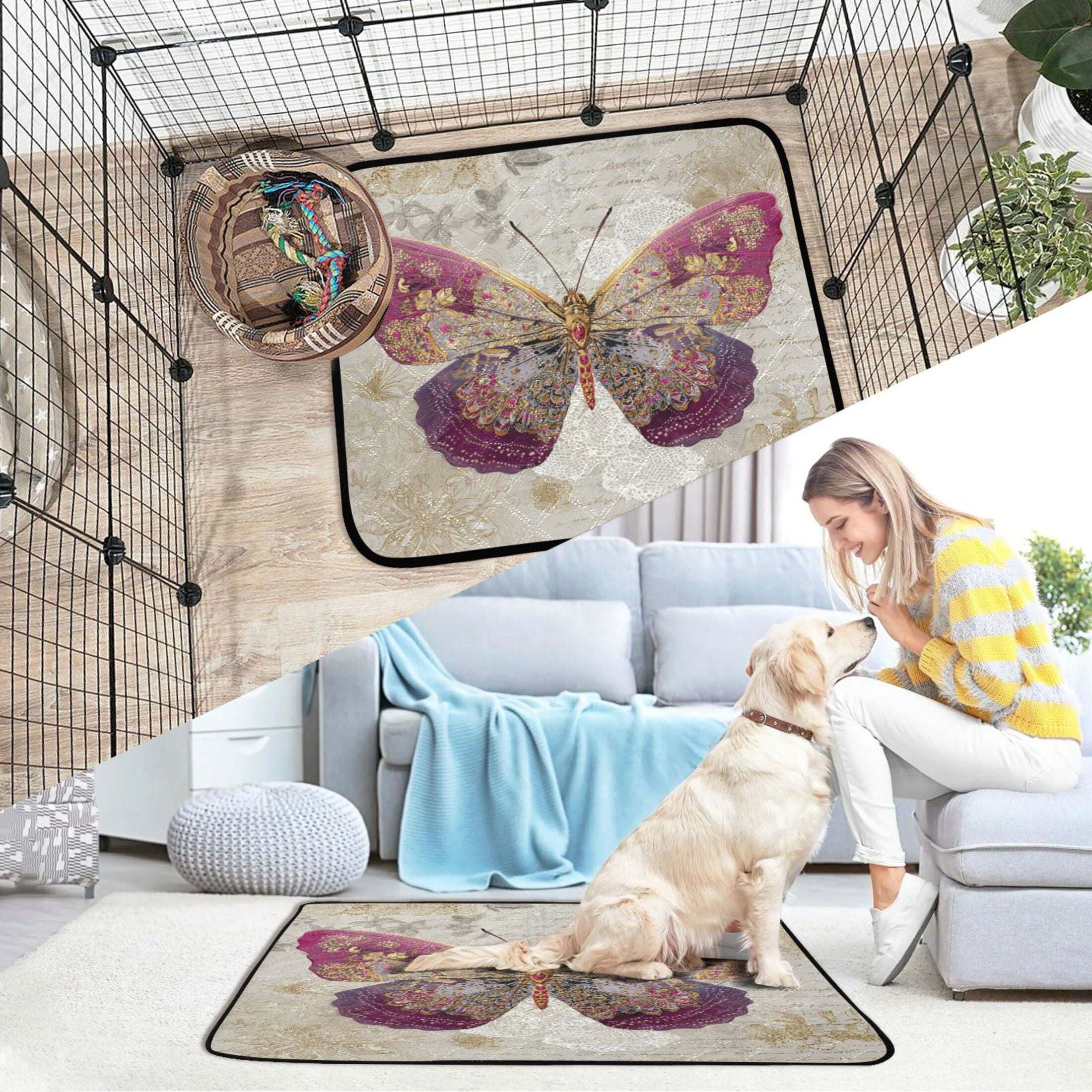Qxltty Dreamy Butterfly Cat litter Pads Pet Set of 3 Diaper Mats Center Anti-leakage Layer Absorbent Soft and Comfortable