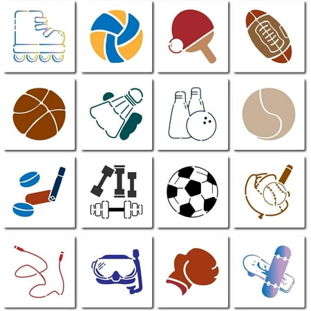 16Pcs Sports Ball Stencils 15 * 15cm Football Basketball Baseball Table Tennis Badminton Skateboarding Reusable Plastic Template for Painting on Wood Drawings Woodburning Canvas DIY Decor DIY