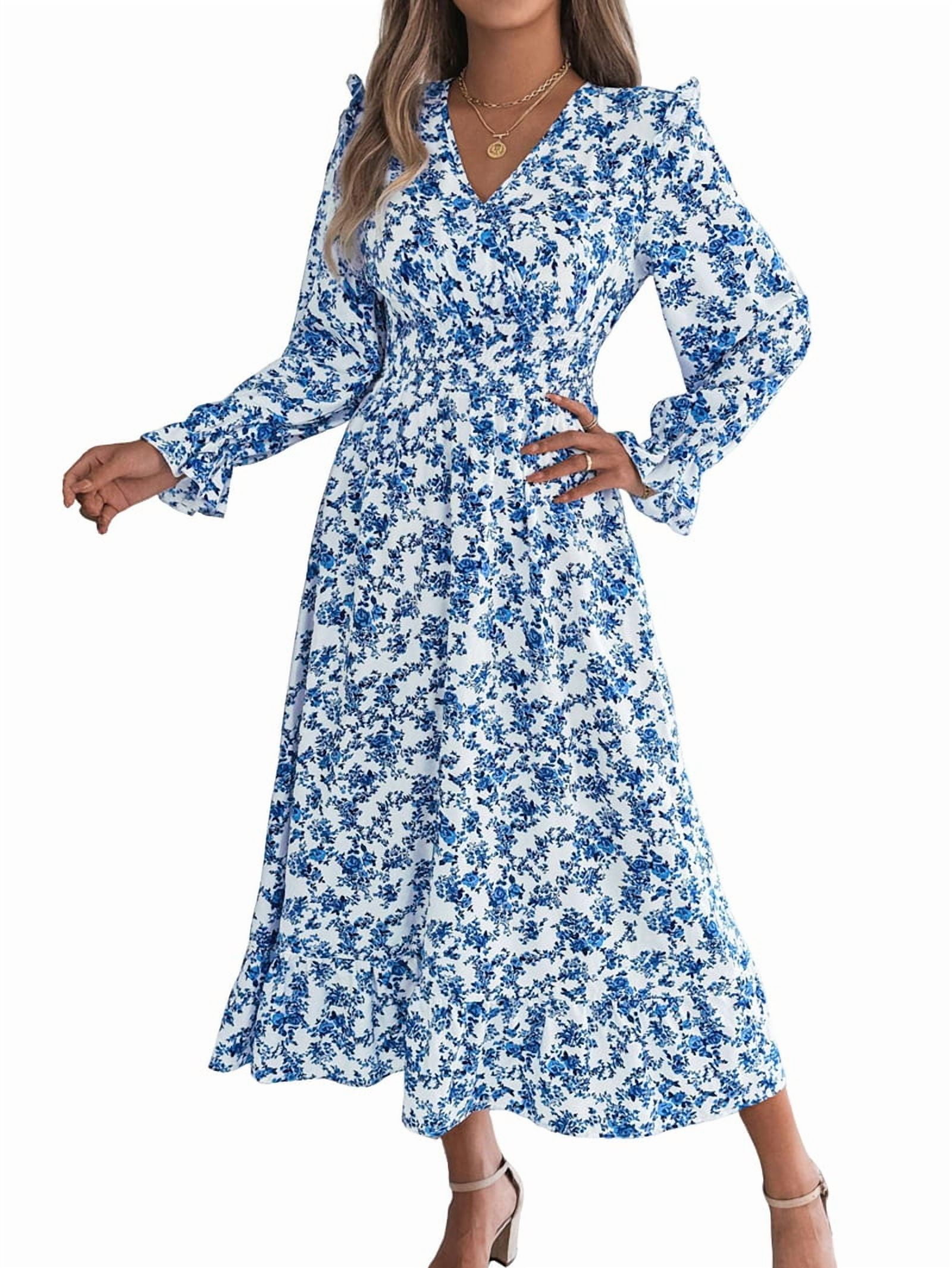 Women'S Long Sleeve Floral Print V-Neck Ruffle Hem Maxi Dress Shirred Waist Blue S
