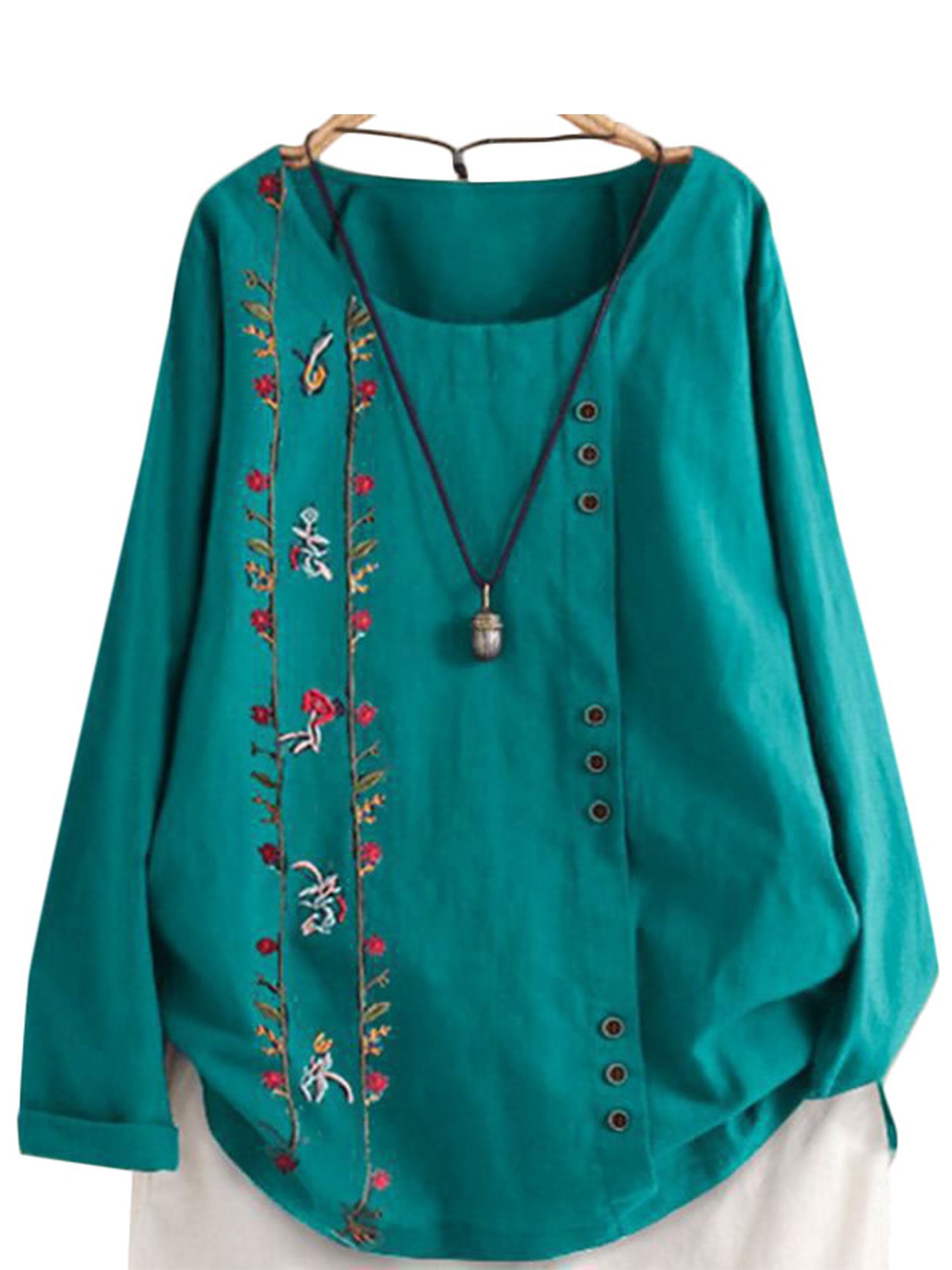 Women Long Sleeve Asymmetrical Hem Shirt Tops Floral Print Ethnic Loose Blouse
