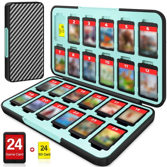 Switch Game Case 24 Compatible for switch 2(2025)  Game Cards and 24 Memory Cards, Portable Switch Game Holder, Hard Shell, Soft Lining&Magnetic Closure-Stripe Black Blue