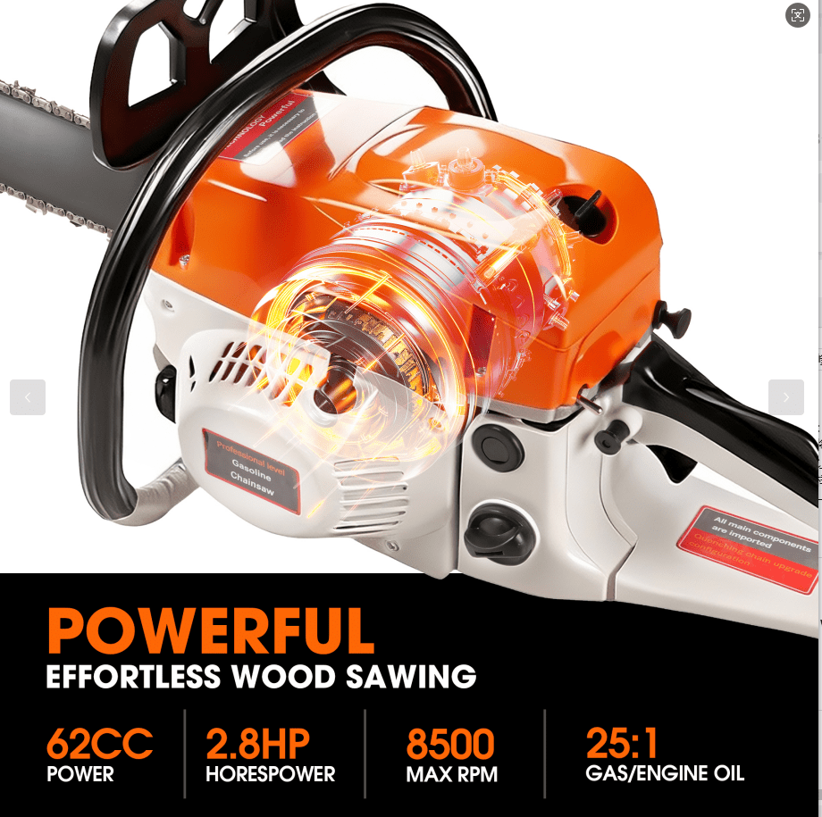 Gasoline Chain Saw 62CC 20-inch Saw Chain, Cutting Tool, EfficientWood Cutting, Logging And Ranch, Farm Durable Design, Silent Design Safe To Use,Shockproof Handle