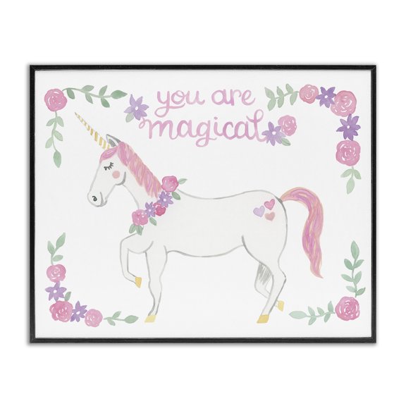 Stupell Industries Eclectic You Are Magical Saying Pink Unicorn Floral Border Black Framed Giclee Art, 20 x 16, by Heather Strianese
