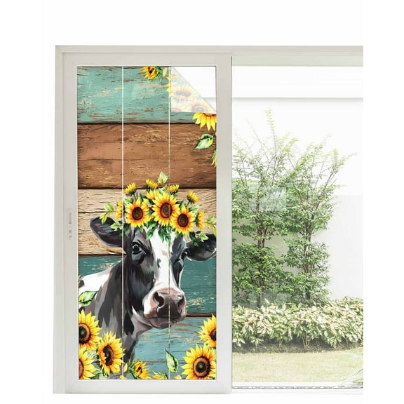 Window Privacy Film Sunflower Cow Stained Glass Window Film Decorative Sun Block Window Cover Rustic Teal Brown Farmhouse Wood Grain Window Clings Static Adhesive Sticker for Bathroom 35.4"x78.7"