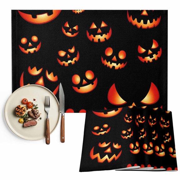 Black Orange Halloween Placemats Set of 4, Pumpkins Botanical Washable Wipeable Table Mats for Dining Tables, Indoor Outdoor Kitchen Place Mats for Holiday Party Table Decor