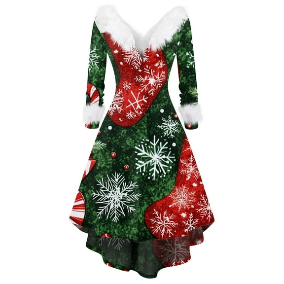 Women's Fashion V-Neck Casual Fit Christmas Print Party Long Sleeve Dress, Plush Trim, Holiday Print, Retro Style, Party Wear, Slim Fit, Festive,Green,XL