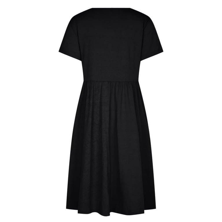 Cagogo Summer Spring Plus Size Aline Midi T-Shirt Dresses for Women Short Sleeve Pleated Flowy Pockets Beach Party Dress Crewneck Tunic Bohemian Black