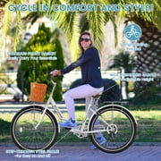 Lilypelle 24/26inch Beach Cruiser Bicycle for Women, 7 Speed Step Through Adult Commute Bike with Basket & Rack,White