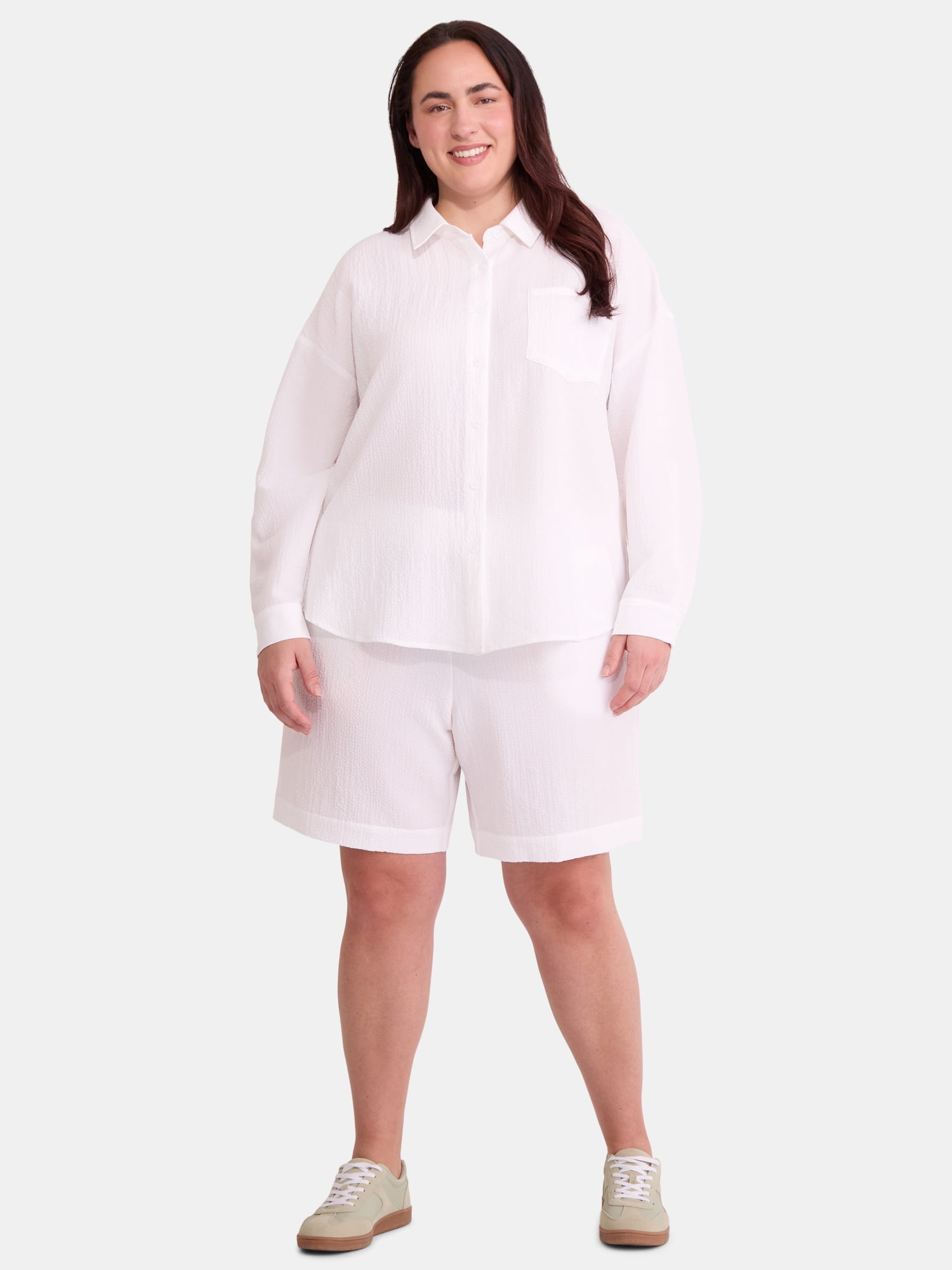 Just My Size Women's Plus Size Gauze Button Front Shirt and Pull On Shorts Set, 2-Piece, Sizes 0X-4X