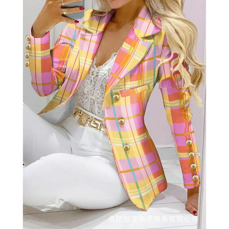 Womens Blazer White Pants MultiColor Full Sleeve Buttoned Collar Gold Tone Hardware