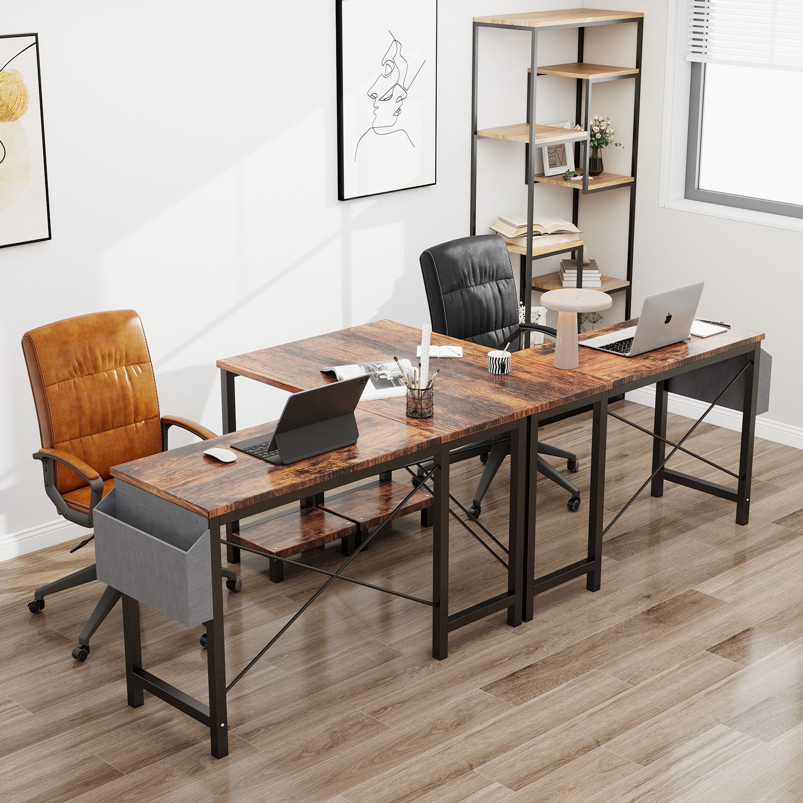 L Shaped Desk, 50 inch Reversible Corner Computer Desk with Storage Shelf & Side Bag, Home Office Working Workstation Gaming Table, Brown