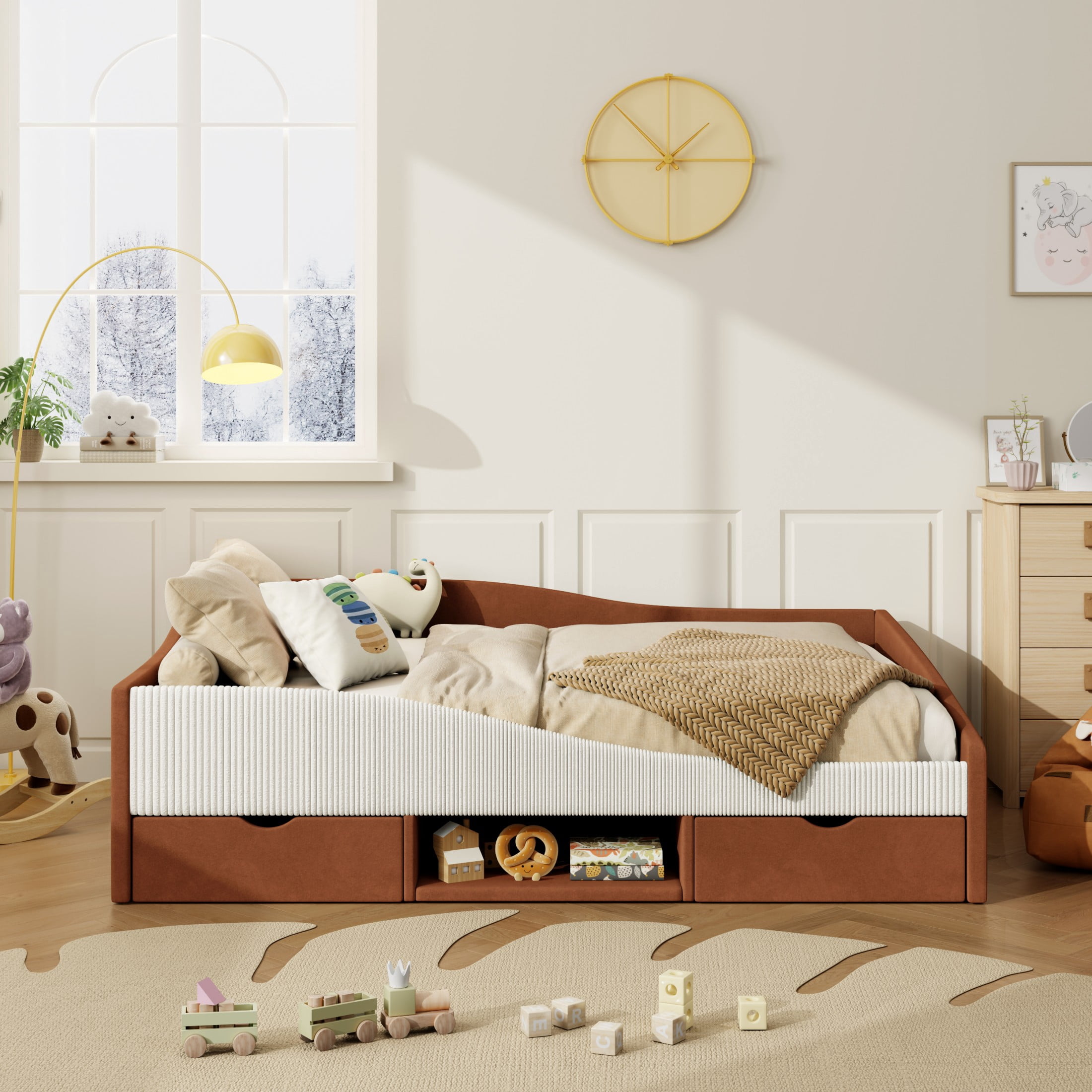 Aukfa Full Size Upholstered Daybed with 2 Storage Drawers, Shelf and Curved Guardrails, Velvet Bed Frame, Brown
