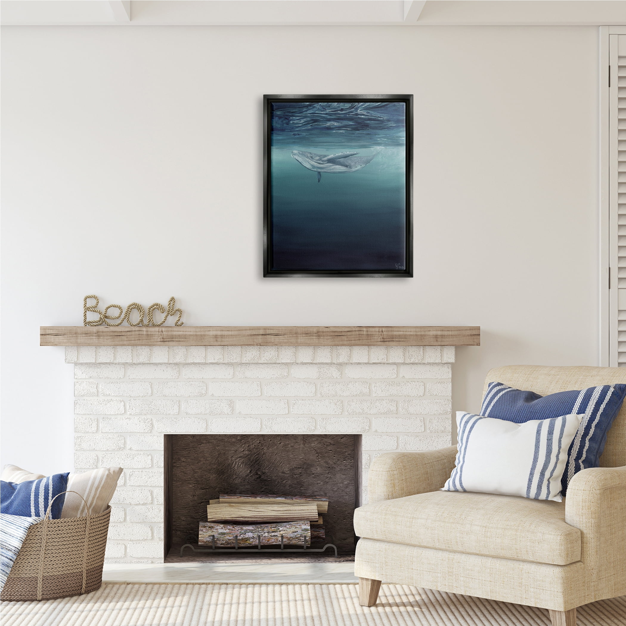 Stupell Industries Whale Swimming Underwater Animals & Insects Painting Black Floater Framed Art Print Wall Art, 25 x 31